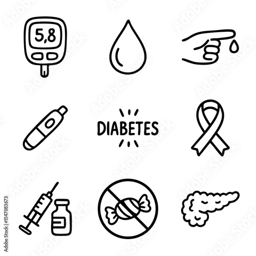 A set of doodle line icons about diabetes, including glucose testing, insulin, awareness ribbon, sugar restriction, and medical tools