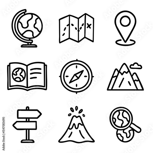 A set of doodle line icons showing geography, travel, and exploration elements like globes, maps, volcanoes, and compasses