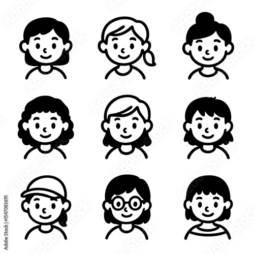 A set of doodle line icons showing diverse young girl avatars with various hairstyles, accessories, and cheerful facial expressions