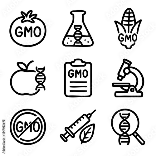 A set of doodle line icons representing GMO, genetic modification, lab research, modified food, DNA, testing, and non-GMO labels