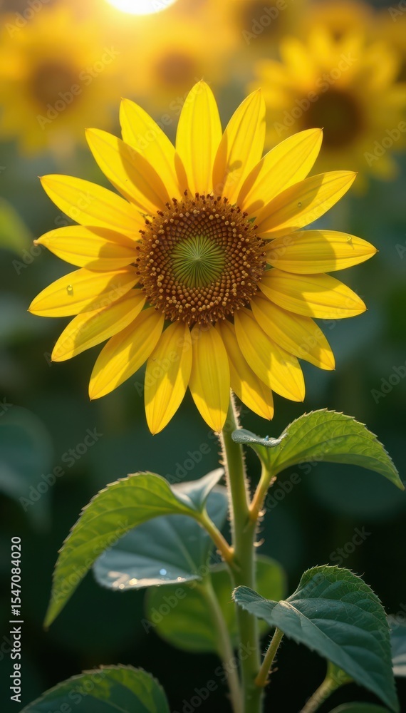 Fototapeta premium Single sunflower, glistening dew drops, soft morning sun, sunrise, morning, wildflower