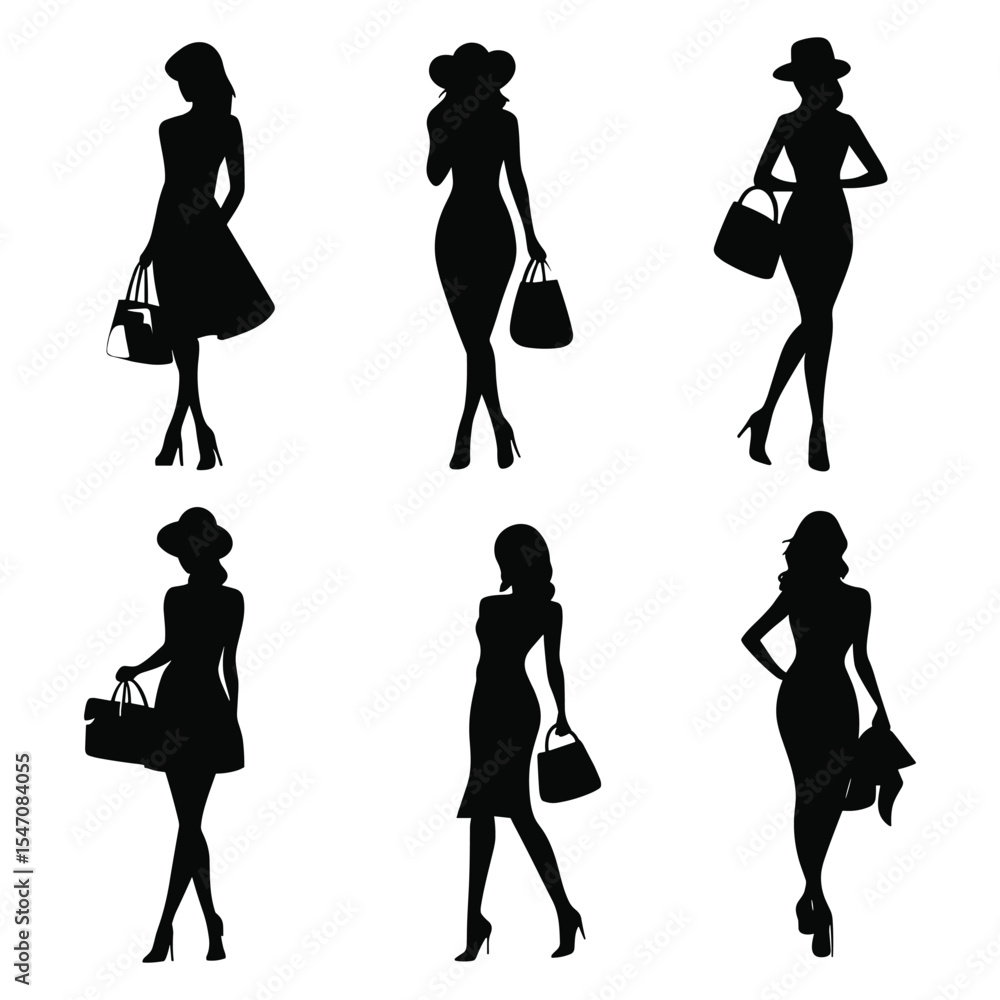 Obraz premium A set of six silhouettes of stylish women in dresses and hats, carrying handbags.