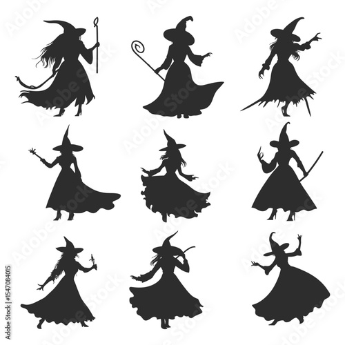 Set of nine graceful and elegant witch silhouettes in various enchanting poses with wands.