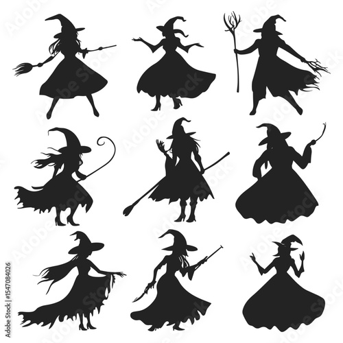 Collection of nine elegant witch silhouettes in various beautiful and magical poses.