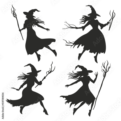 Set of four dynamic silhouettes of witches dancing and casting spells with magical staffs.