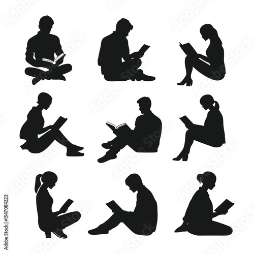 A collection of nine silhouettes of men and women sitting on the floor while reading.