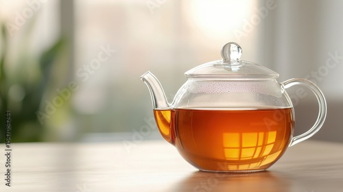 Beautiful glass teapot filled with warm tea sitting on a wooden table in a bright and cozy environment