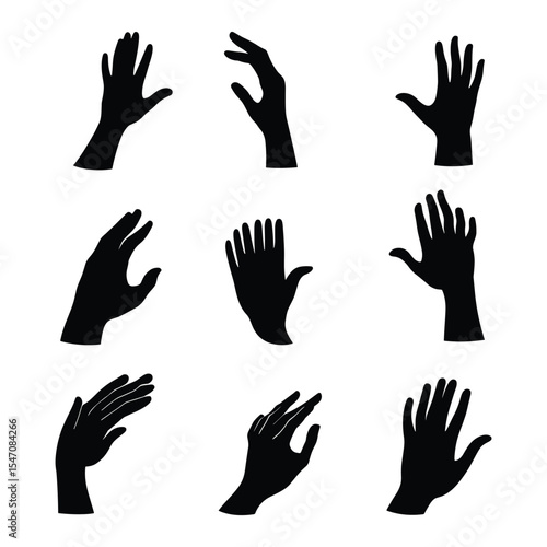 A set of nine elegant and graceful open hand silhouettes in various poses.