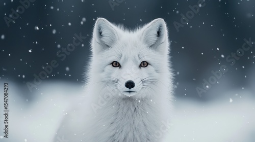 Arctic fox in the snow, displaying vivid winter beauty with soft white fur and captivating gaze under falling snowflakes