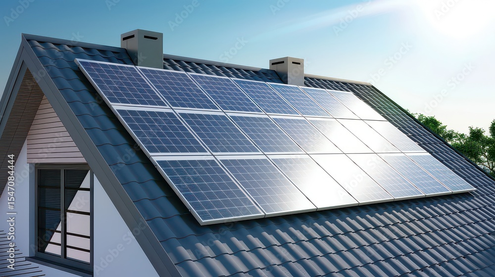 Fototapeta premium Solar panels on a suburban house roof with energy storage for backup power.