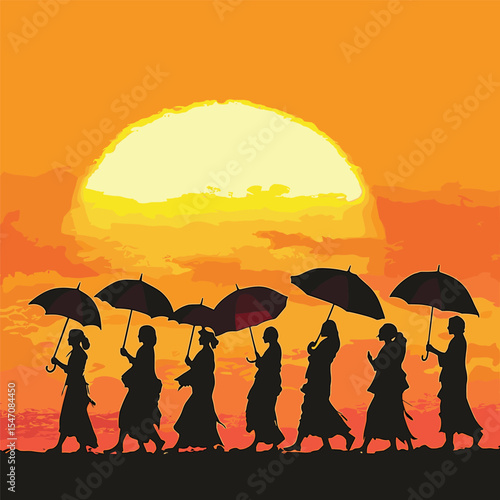 A solemn procession of seven walking silhouettes holding umbrellas against a vibrant sunset.