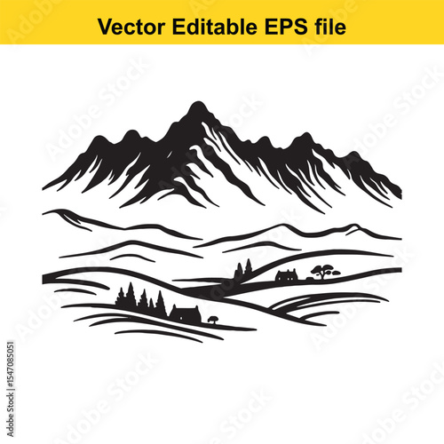 Monochrome Mountain Landscape Silhouette with Rolling Hills, Farmhouses and Trees Evokes a Peaceful Rural Scene
