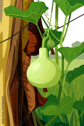 This is a digitally illustrated image of a calabash gourd (Lagenaria siceraria), commonly known as "bottle gourd" or "น้ำเต้า" in Thai. The large, pale green fruit hangs from a vine that wraps around 