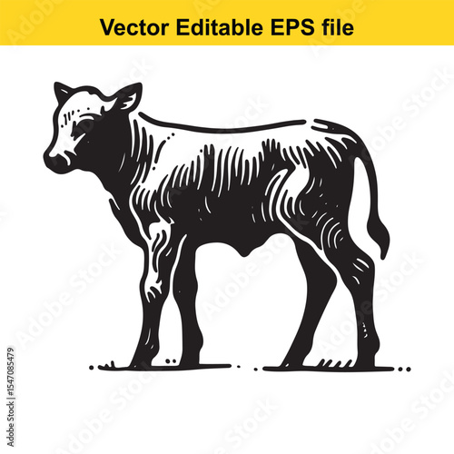 Detailed Black and White Sketch of a Calf Standing Calmly in a Simple Style Illustration