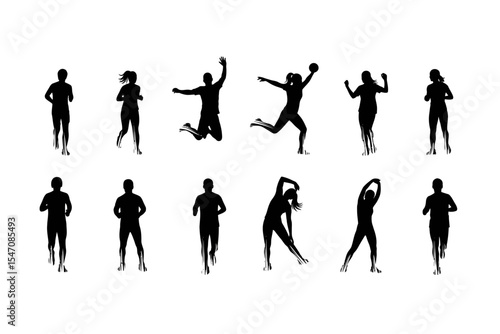 Diverse Fitness Activities Silhouettes Jogging Jumping and Stretching