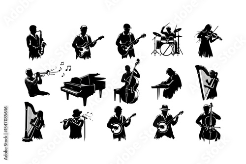 Silhouetted Musicians Playing Various Musical Instruments