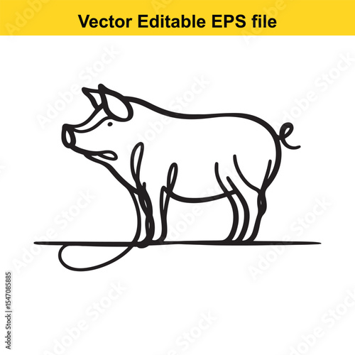 Single Line Drawing of a Pig Farm Animal Standing in Grass Editable EPS File Vector Art Black and White