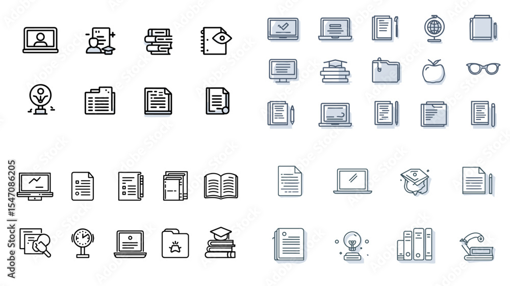 Modern education icon set featuring books, laptops, documents, globes, and students. Ideal for e-learning platforms, academic tools, online courses, and digital classroom designs. Modern education icon set featuring books, laptops, documents, globes, and students. Ideal for e-learning platforms, academic tools, online courses, and digital classroom designs.