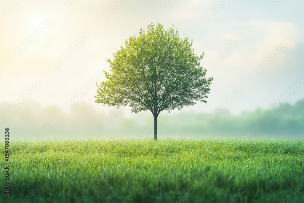 Fototapeta premium Single Tree in Misty Green Field Sunrise Peaceful Nature Scene sky calm view grass image photo rural