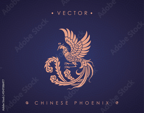 Elegant Chinese Phoenix Vector with Flowing Tail on Blue Swirl Background