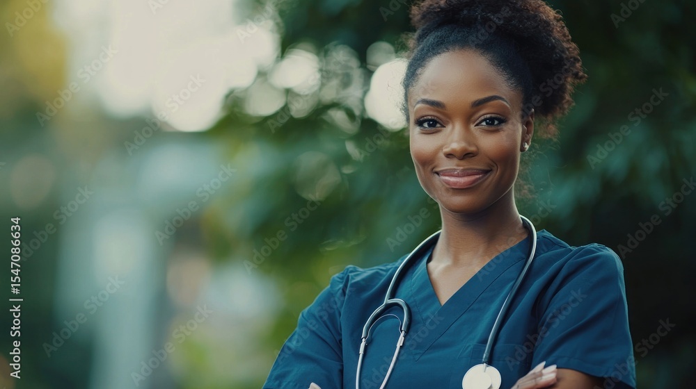 A young, female healthcare professional standing outdoors with a green stethoscope around her neck. A young, female healthcare professional standing outdoors with a green stethoscope around her neck.