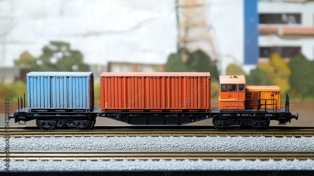 Obraz premium A model train set featuring a blue and orange container car on a track with a train engine.