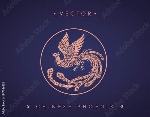 Flying Chinese Phoenix with Curved Tail in Circle Frame on Blue Background