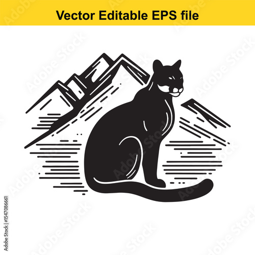 Monochromatic Silhouette Illustration of a Cougar Sitting Calmly in a Mountainous Landscape, Creating a Striking Nature Inspired Design