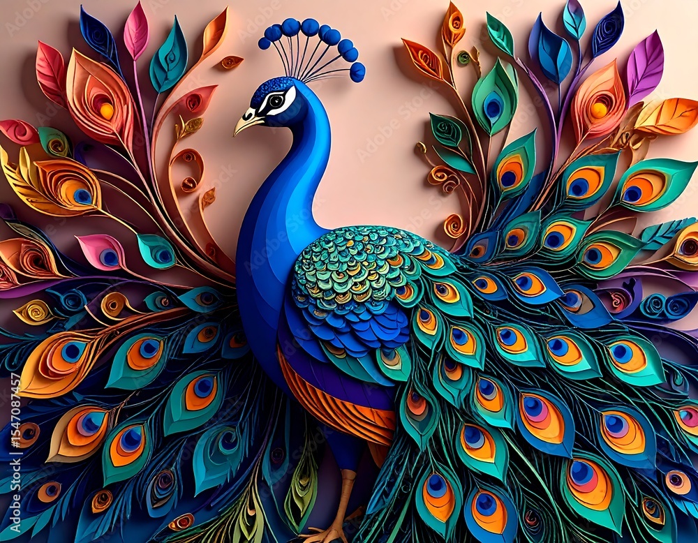 Fototapeta premium Vibrant Peacock Paper Art Intricate Quilling Design