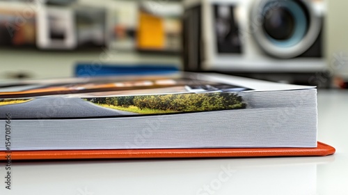 Close-Up View of a Photography Book on a Table with Camera Background