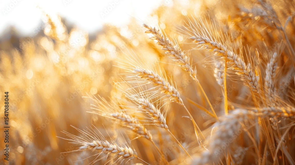 Fototapeta premium A golden wheat field with sunlight shining through the ears.