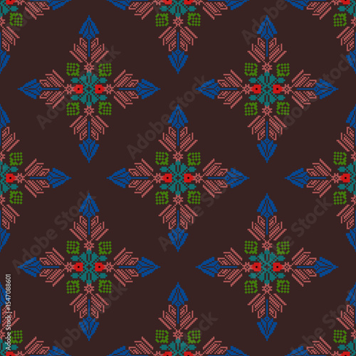 Cross-stitch ethnic boho seamless pattern. Traditional ornament. Pixel art, tribal pattern. Folk motif. Can be used for wallpaper, textiles, wrapping, and web page backgrounds.