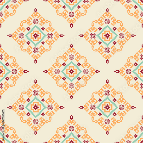 Yellow and orange abstract ethnic seamless pattern in boho style. Tribal ethnic ornament. Ukrainian vector ornament, border. Ukrainian embroidery. Pixel art, vyshyvanka, cross-stitch.