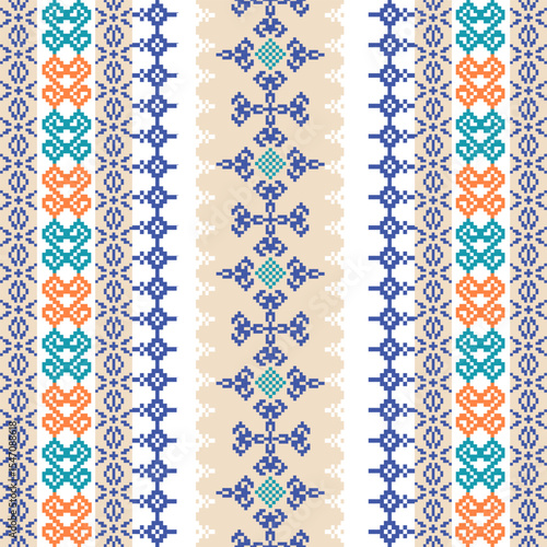 Green and blue seamless cross-stitch vector pattern. Ethnic ornament. Aztec style. Pixel art design for textiles, tiles, and elaborate borders. Vyshyvanka. Ukrainian embroidery.