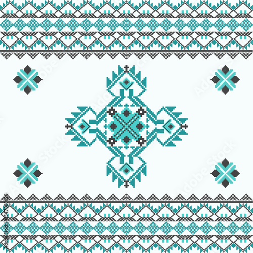 Green cross-stitch Ukrainian folk ornament. Seamless pattern. Vector illustration. Pixel art, vyshyvanka, textiles, rugs, curtains, elaborate borders, and wallpaper.