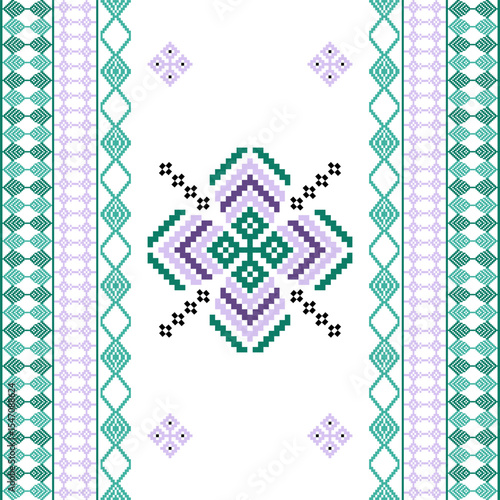 Green cross-stitch embroidery design elements in ethnic style. Seamless pattern. Ukrainian traditional embroidery. Boho style. Pixel art. Vyshyvanka, textiles, elaborate borders, and wallpaper.