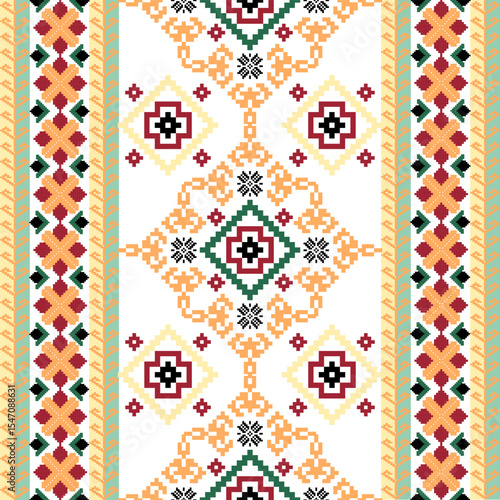 Yellow and orange ethnic seamless pattern in boho style. Tribal ethnic ornament. Ukrainian vector ornament, border, pattern. Ukrainian traditional embroidery. Pixel art, vyshyvanka, cross-stitch.