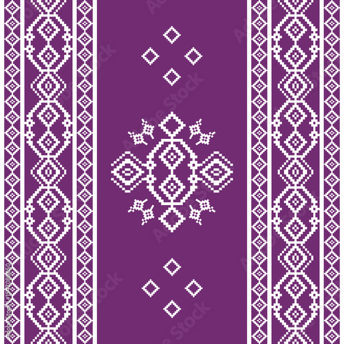 Cross-stitch ethnic embroidery on a purple background. Collection of seamless patterns with geometric ornaments. Ukrainian traditional embroidery. Pixel art. Vyshyvanka, textiles, elaborate borders.