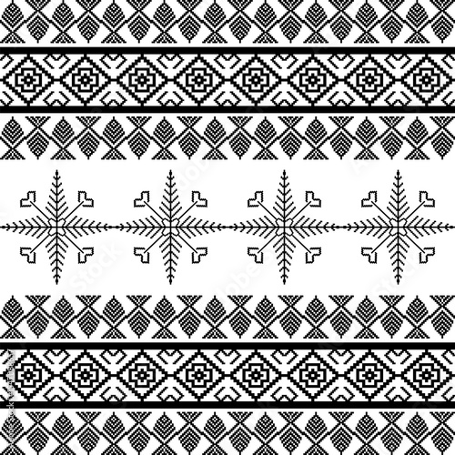 Cross-stitch Ukrainian traditional embroidery in black and white colors. Vector illustration. Boho style. Pixel art. Vyshyvanka, textiles, and wallpaper.