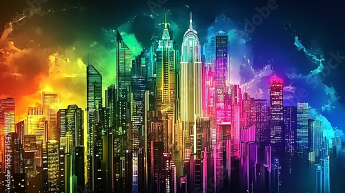 Vibrant city skyline illuminated in rainbow colors with abstract clouds in the background