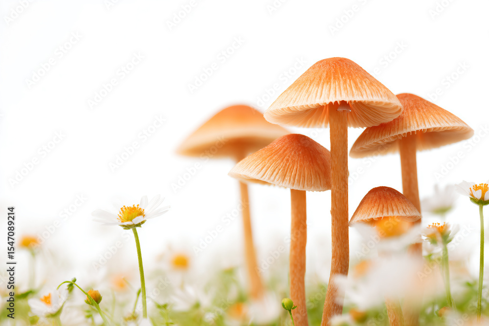 Fototapeta premium a group of mushrooms sitting on top of a lush green field