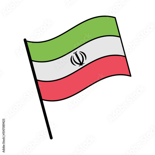 Waving Iran Flag Vector Illustration. Iranian national flag on flagpole, isolated on white background. Symbol for celebration, patriotism, and national events.