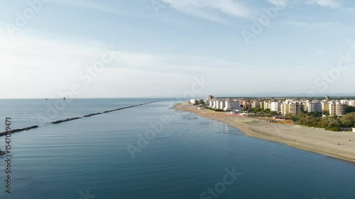 Wallpaper Mural Drone view of italian sandy beaches with umbrellas and gazebos.Summer vacation concept.Lido Adriano town,Adriatic coast, Emilia Romagna,Italy. Torontodigital.ca