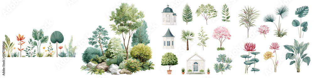 Fototapeta premium Watercolor Set of Trees, Flowers, and Garden Elements
