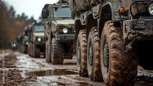 A row of military trucks on a muddy road with autumn trees in the background.