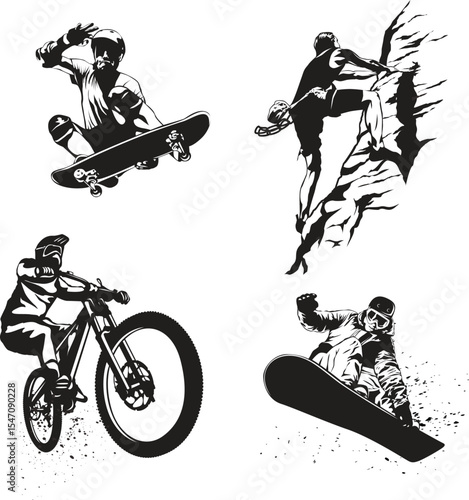 Extreme game, extreme sport, skate boarding, rock climbing, snow boarding, downhill mountain biking.