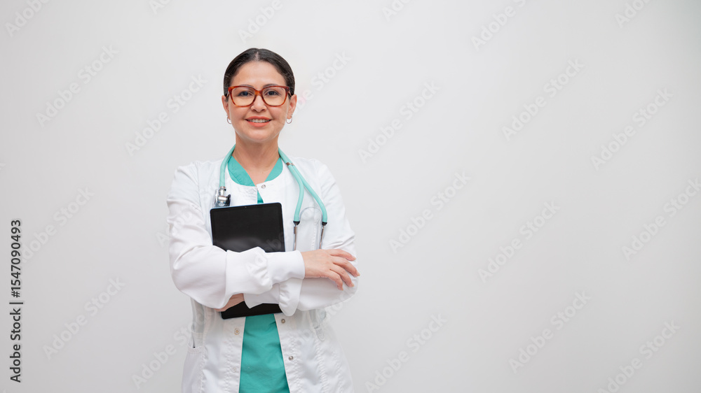 portrait of a young woman doctor with glasses confident smiling with tablet and stethoscope around neck on white background portrait of a young woman doctor with glasses confident smiling with tablet and stethoscope around neck on white background