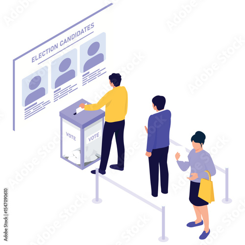 Election And Voting Illustration. Vector illustration of Citizens lining up and casting their votes at a ballot box in a voting station. Isolated on background