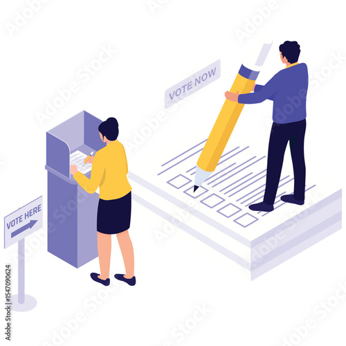 Election And Voting Illustration. Vector illustration of Voters participating in a polling station by marking ballots and selecting options. Isolated on background