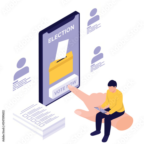 Election And Voting Illustration. Vector illustration of A person casts a vote online through a mobile phone interface showing a ballot box. Isolated on background